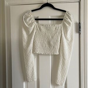 White Smocked Blouse with Eyelet Details